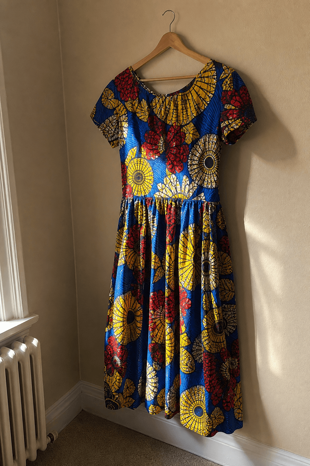 Robe longue en wax sur un cintre, photographiée contre un mur d’appartement