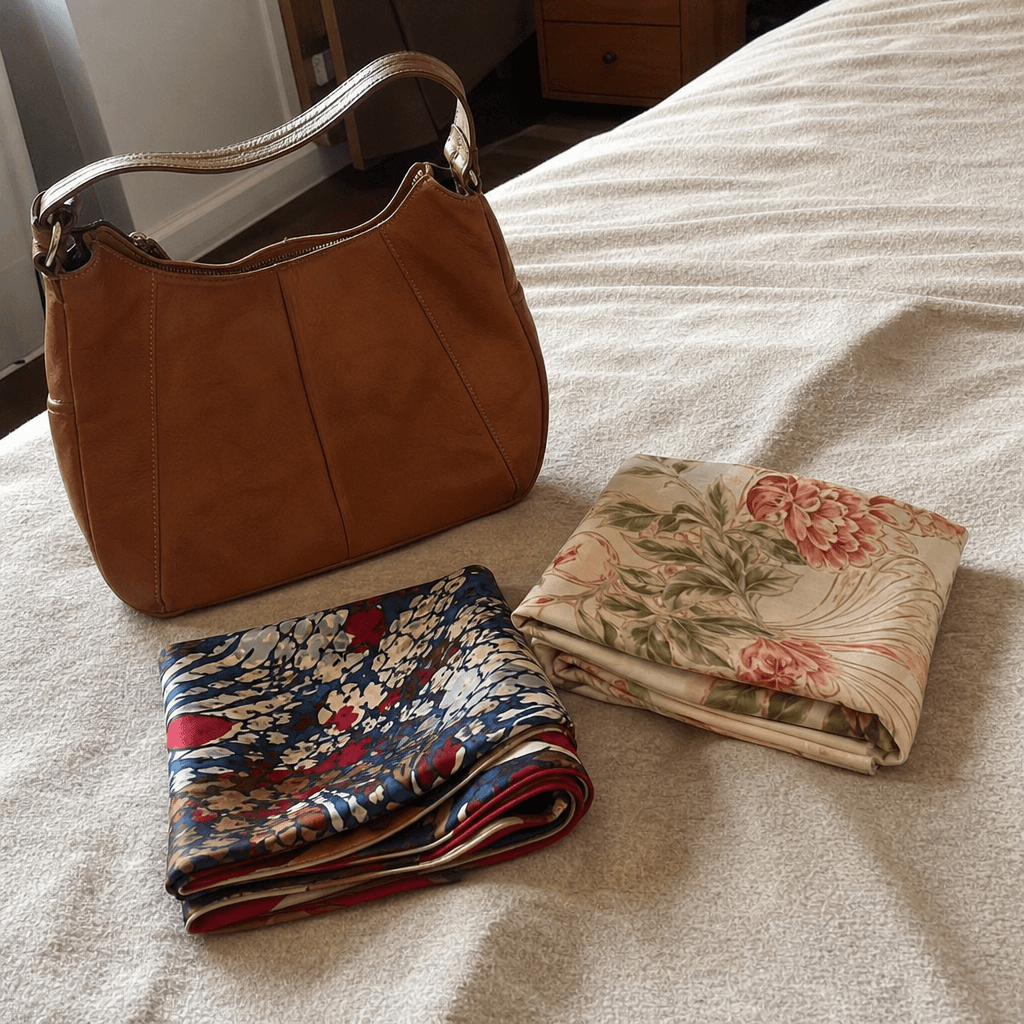 Sac à main en cuir camel posé sur un lit, avec deux foulards imprimés